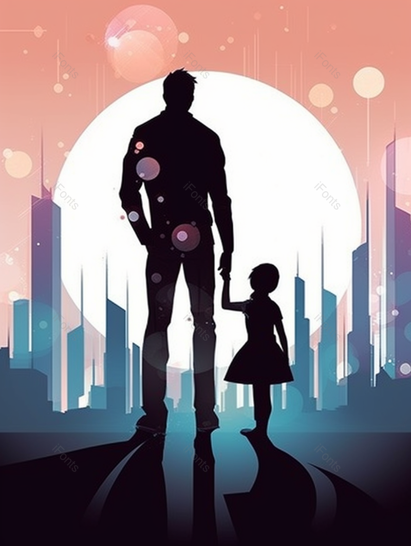 父亲节卡通插画剪影父亲拉着孩子的手场景,插画/手绘图,插画/手绘图库,插画/手绘图下载,插画/手绘